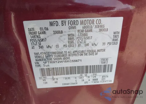 2006 Ford F-150 Xlt z USA, uszkodzony, nr VIN 1FTRW12W16KC55671